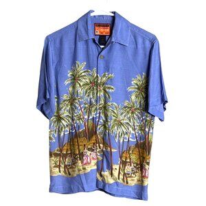Bugle Boy Hawaiian Shirt Blue Tropical Button Up Casual Resort Unisex Vtg Mens S